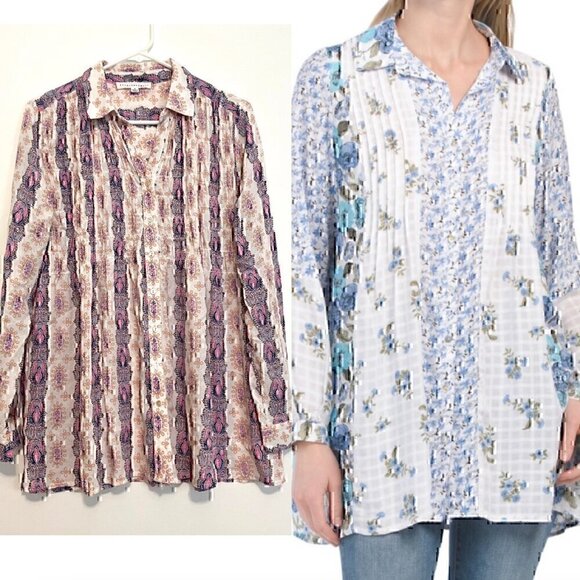 JANE AND DELANCEY White Navy Geometric Striped Pintuck Pleated Button Down Tunic - Picture 1 of 12